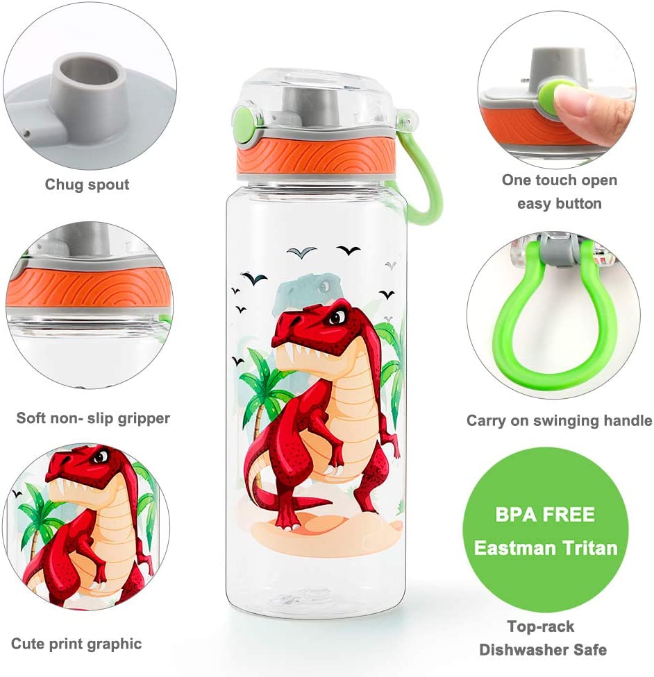 Water Bottle for School Kids  Leak Proof Flip Top Lid & Easy Clean & Carry Handle, 23oz/ 680ml - Dinosaur