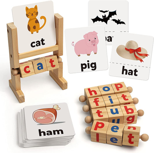 Wooden Reading Blocks Short Vowel Rods Spelling Games, Flash Cards Turning Rotating Letter Puzzle